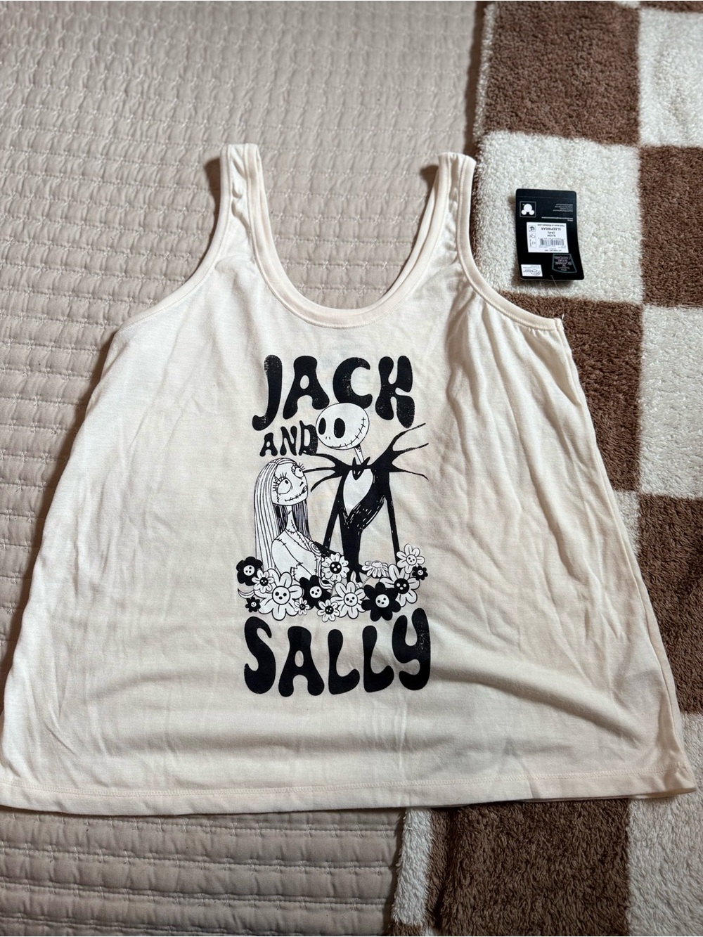 Jack and Sally Cream Graphic Tank with Black Plaid Shorts - Picture 4 of 7